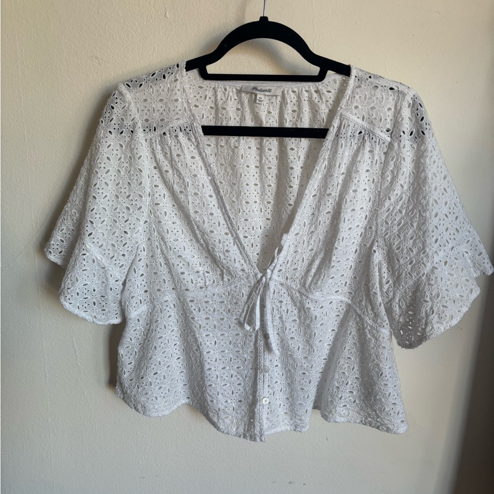 Madewell White Eyelet Tie-Front Blouse